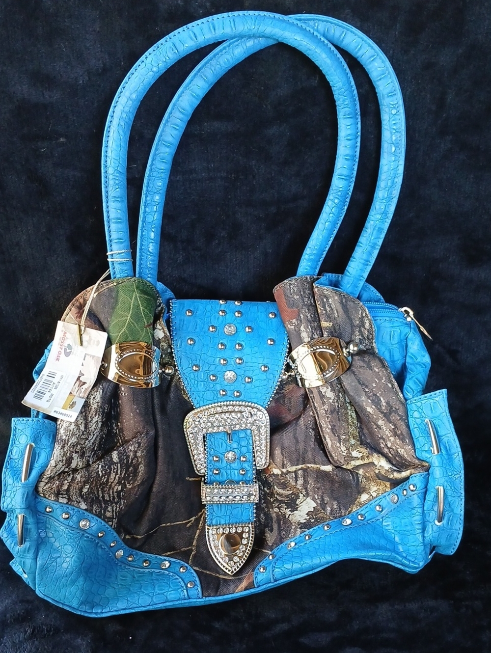Mossy Oak Blue Camouflage Studded Buckle Shoulder Bag